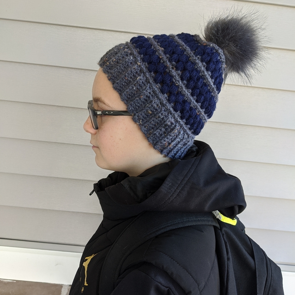 Adult Small / Teen Puff Stitch Beanie - Blue - Picture 3 of 3
